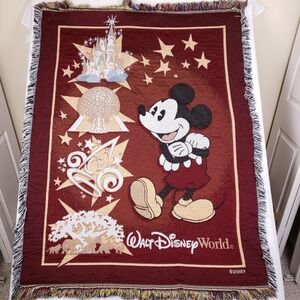 Walt Disney World Woven Tapestry Throw‎ Blanket Maroon Mickey Mouse Four Parks